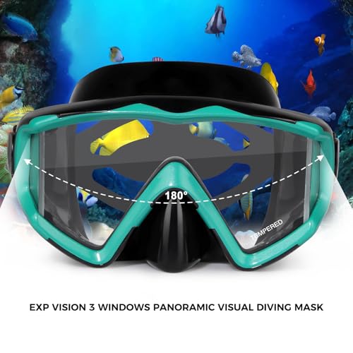 EXP VISION Adult Pano 3 Scuba Diving Mask Tempered Glass Snorkel Mask AntiFog Swim Mask No Leakage Swim Goggles with Nose Cover Snorkeling Gear for Snorkeling Freediving Swimming BlackOcean Green - Image 3
