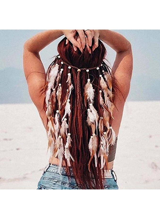 CAKURE - Boho Feather Headbands Gypsy Accessories Indian Feather Headpiece Bohemia Bridal Feather Hair Band Handmade Rope Wedding Hair Accessories For Women And Girls (Set 1) - Image 1