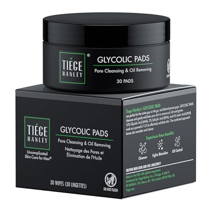 Tiege Hanley Glycolic Acid Pads for Men, Exfoliating Face Cleansing Pads for Forehead, Nose & Cheeks, Facial Wipes with Glycolic, Salicylic & Lactic Acid, Men’s Skin Care, 30 Count - Image 1