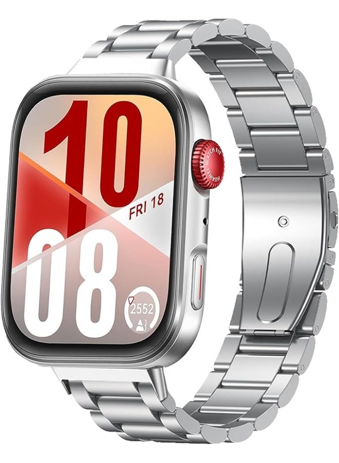 Compatible with Huawei Watch Fit 4 / Huawei Watch Fit 3, Stainless Steel Adjustable Replacement Strap - Silver - Image 1