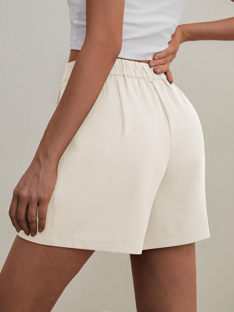 Feiersi Womens Casual Elastic Waist Wide Leg Suit Tailored Shorts Summer Dressy Work Shorts with Pockets(Beige,Large) - Image 3