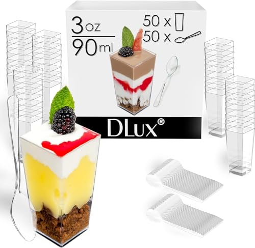 DLux 50 x 3 oz Mini Dessert Cups with Spoons Square Tall  Clear Plastic Parfait Appetizer Cup  Small Reusable Serving Bowl for Party Desserts Appetizers  With Recipe Ebook