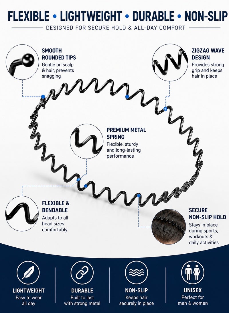 Metal Spring Hair Band for Men & Women, Zigzag Wave Headband, Non-Slip Sports Hair Hoop, Flexible Black Metal Hairband for Curly, Wavy & Thick Hair, Fashion Hair Accessories for Daily Use, Sports, Gym & Outdoor Activities - Image 2