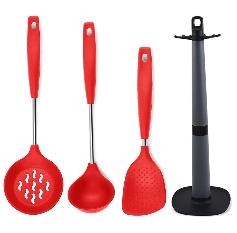 P Plus Fire Non Stick Spoon - Ladle Spoon - Ladle Set for Kitchen - Rice Serving Spoons - Rice Spoon - Frying Spoon - Skimmer Spoon - Poori Strainer - Dosa Ladle - Spatula Stand (Set of 4, Red) - Image 1