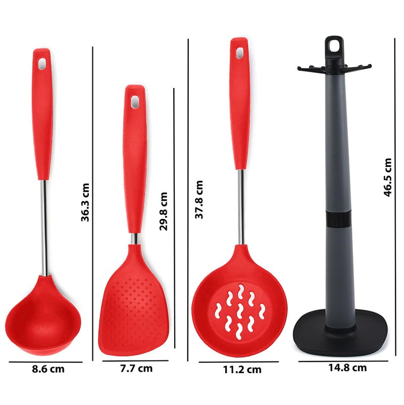 P Plus Fire Non Stick Spoon - Ladle Spoon - Ladle Set for Kitchen - Rice Serving Spoons - Rice Spoon - Frying Spoon - Skimmer Spoon - Poori Strainer - Dosa Ladle - Spatula Stand (Set of 4, Red) - Image 2