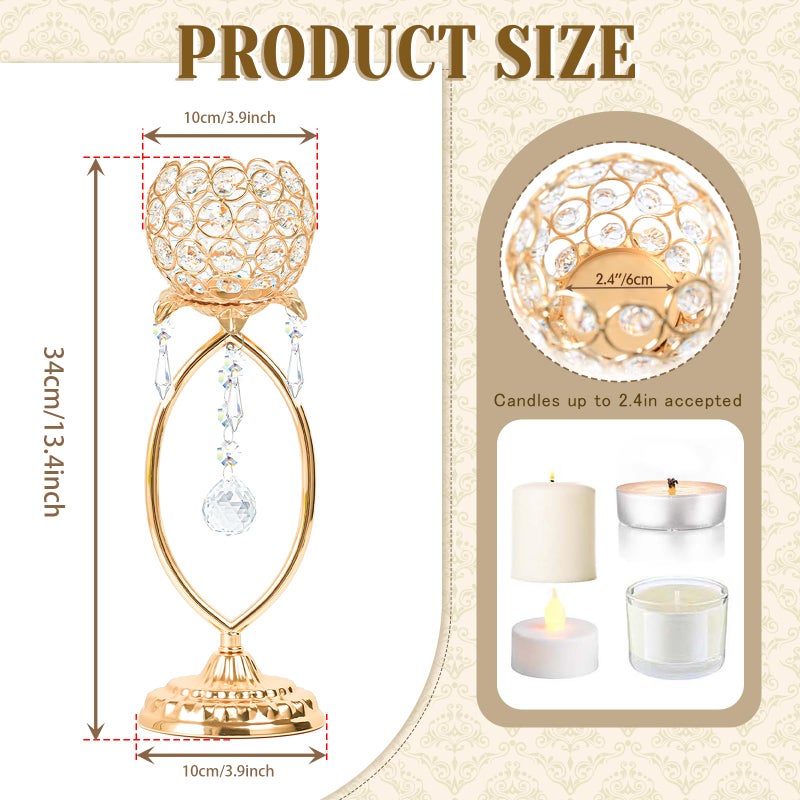 kehail 2 Pcs Gold Elegant Metal Crystal Tea Light Candle Holders with Bling Crystal Pendants, Hollow Design - Wedding Table Centerpieces for Anniversary Birthday Party, Home Decor - Image 2