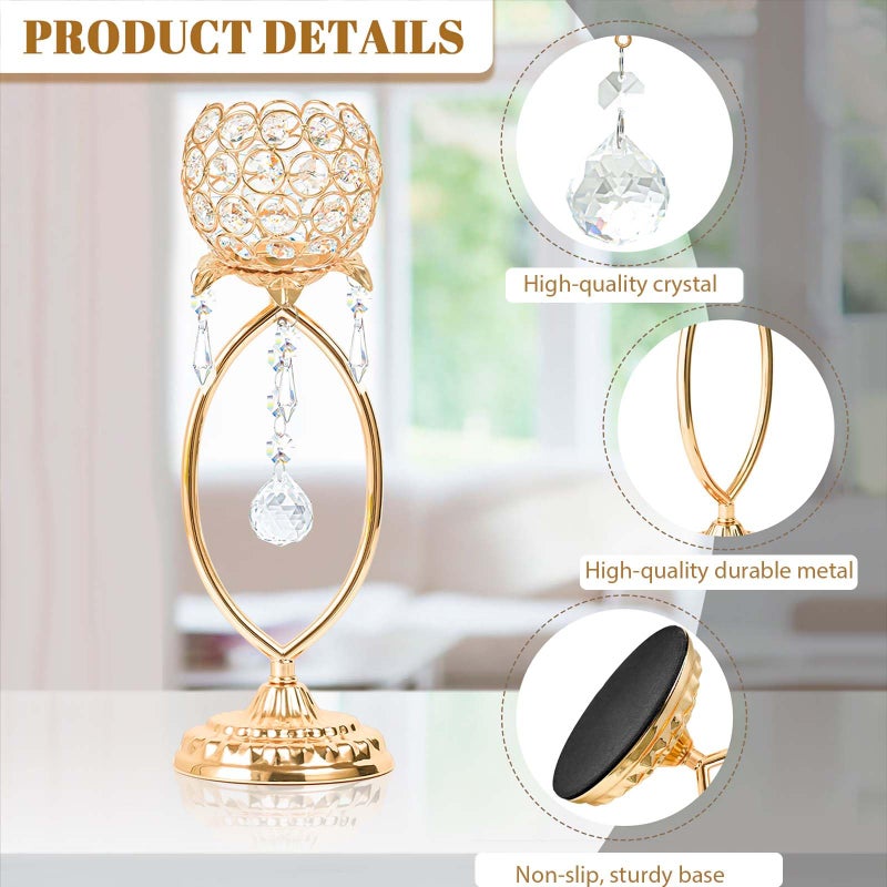 kehail 2 Pcs Gold Elegant Metal Crystal Tea Light Candle Holders with Bling Crystal Pendants, Hollow Design - Wedding Table Centerpieces for Anniversary Birthday Party, Home Decor - Image 3