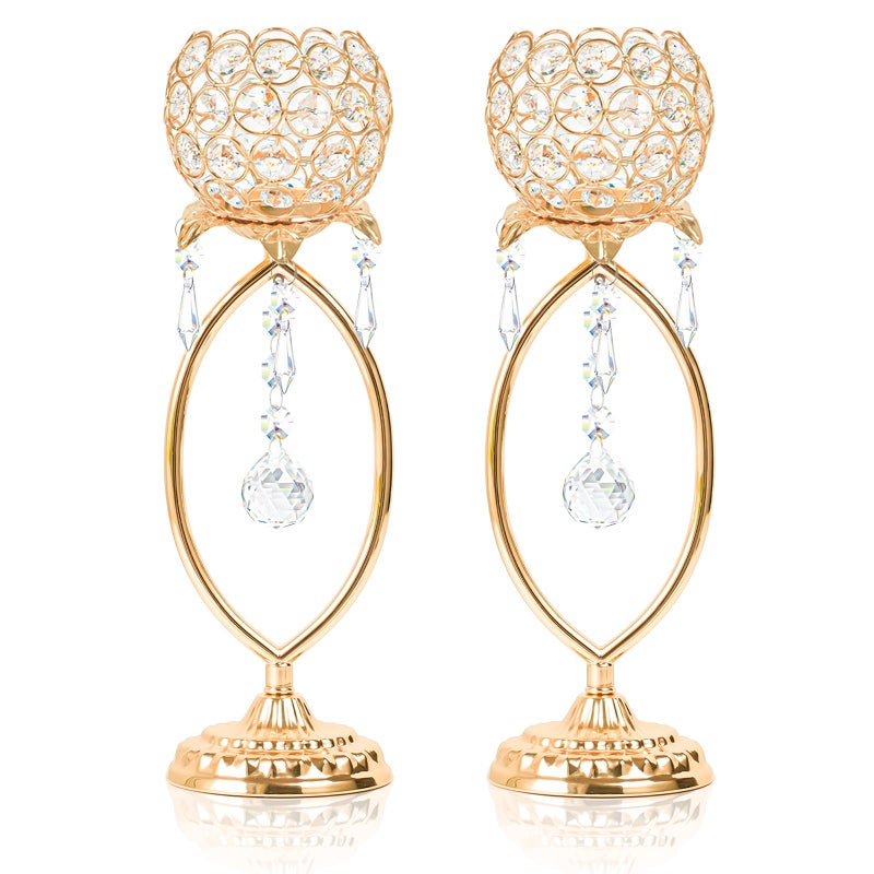 kehail 2 Pcs Gold Elegant Metal Crystal Tea Light Candle Holders with Bling Crystal Pendants, Hollow Design - Wedding Table Centerpieces for Anniversary Birthday Party, Home Decor - Image 1