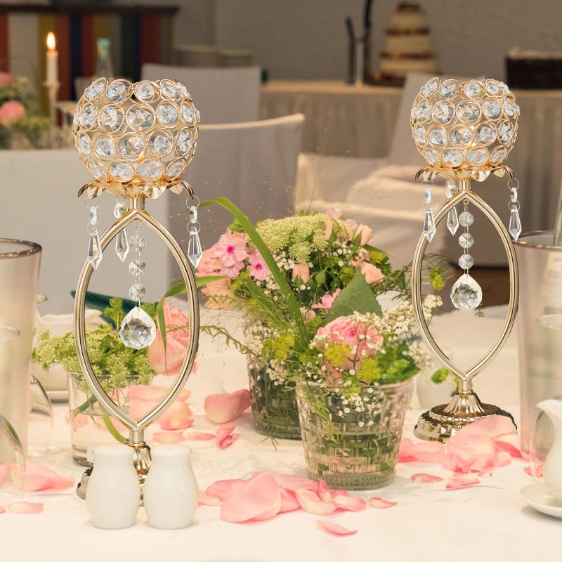 kehail 2 Pcs Gold Elegant Metal Crystal Tea Light Candle Holders with Bling Crystal Pendants, Hollow Design - Wedding Table Centerpieces for Anniversary Birthday Party, Home Decor - Image 4
