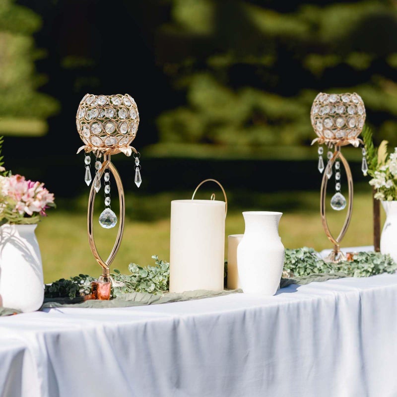 kehail 2 Pcs Gold Elegant Metal Crystal Tea Light Candle Holders with Bling Crystal Pendants, Hollow Design - Wedding Table Centerpieces for Anniversary Birthday Party, Home Decor - Image 5