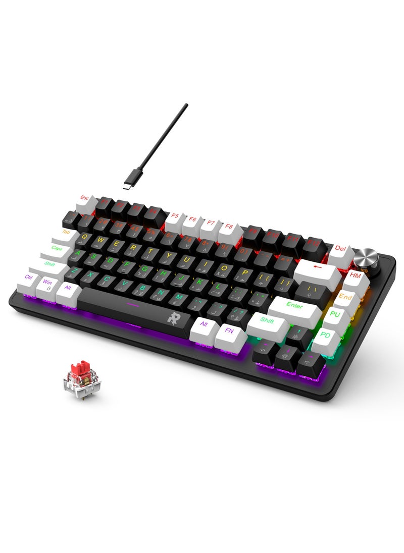 Rock Pow - ROCK POW 70% Gaming Keyboard,Arabic English 82 Keys Mechanical Keyboard with RGB Backlit 19 Modes,Volume Lighting Knob Wired Mini PBT Keycaps for PC Gaming and Working (Red Switch) - Image 1