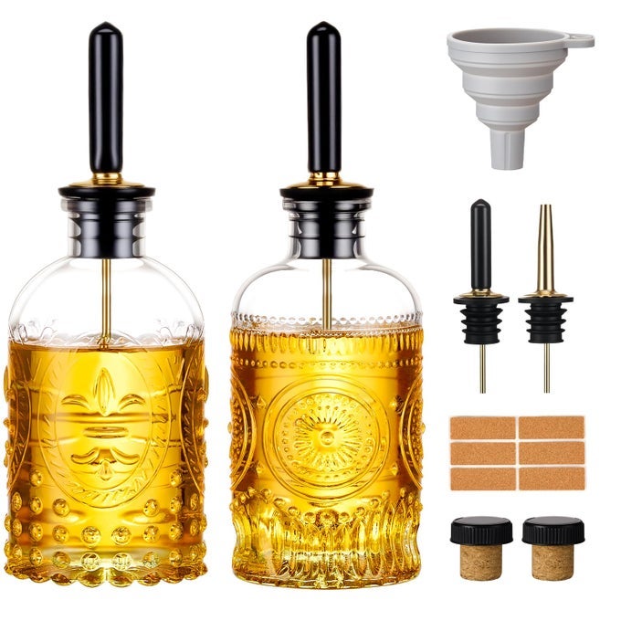 OLIVE OIL DISPENSER BOTTLE FOR KITCHEN WITH METAL SPOUT GLASS OIL BOTTLES 7OZ ELEGANT GLASS COOKING DISPENSER FOR KITCHEN JUICE MOUTHWASH HONEY SYRUP COFFEE SYRUP2PCS