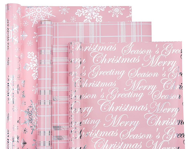 WRAPAHOLIC Christmas Wrapping Paper Roll Mini Roll 3 Rolls 17 Inch X 120 Inch Per Roll Pink with Silver Metallic Foil Snowflake Plaid Merry Christmas Lettering