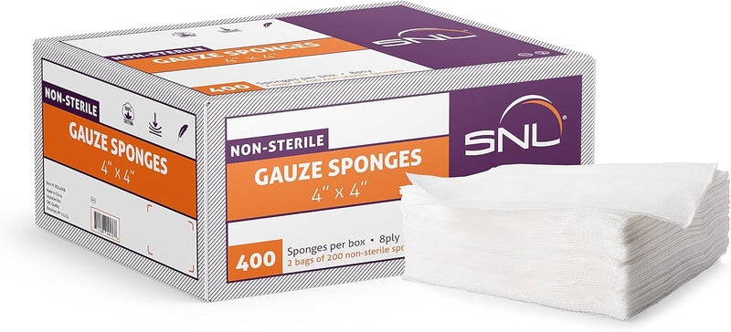 SNL Quality 'Non-Sterile' Latex Free Gauze Sponge Pads - 8 Ply - 4" X 4" - Box of 400 (2X 200 Packs Inside)