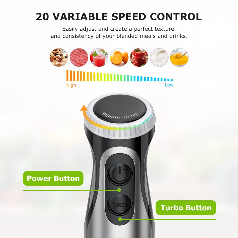 Bonsenkitchen Immersion Handheld Blender with Whisk, 20-Speed & Turbo Mode Hand Blender Stick 500W, 304 Stainless Steel Hand Blender for Soup, Smoothie, Puree, Baby Food - Image 3