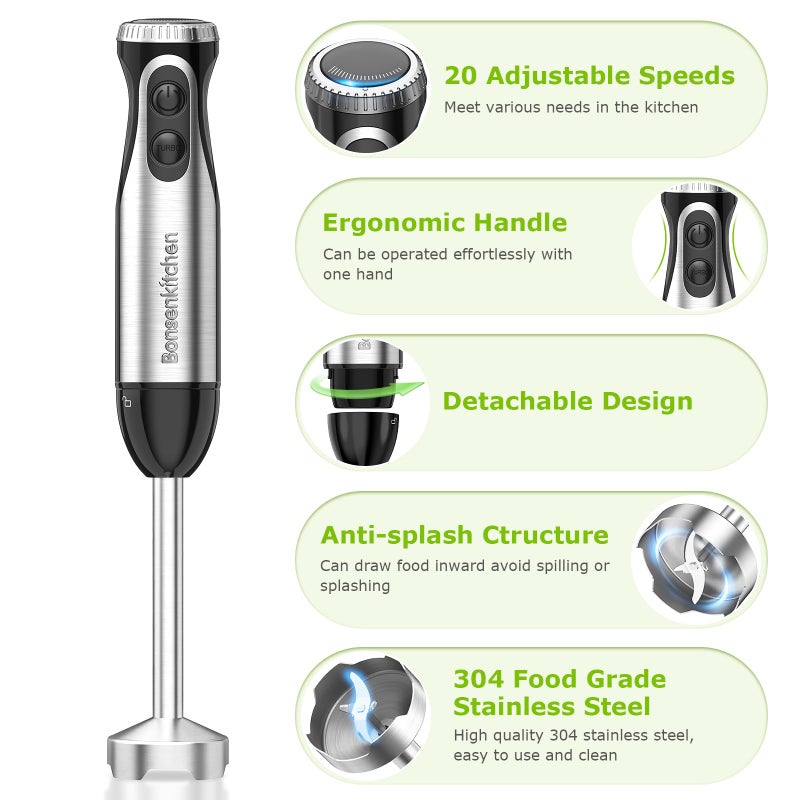 Bonsenkitchen Immersion Handheld Blender with Whisk, 20-Speed & Turbo Mode Hand Blender Stick 500W, 304 Stainless Steel Hand Blender for Soup, Smoothie, Puree, Baby Food - Image 2