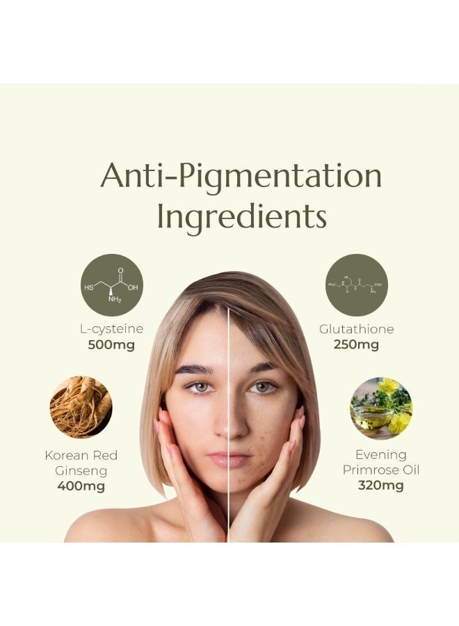B'spoke B’spoke Anti-Pigmentation | Daily Advanced Skin Support with L-Cysteine, Glutathione, Korean Red Ginseng & Primrose Oil | For Pigmentation, Dark Spots, Melanin Balance, Uneven Tone & Oxidative Stress | 60 Softgels | For Men & Women - Image 4