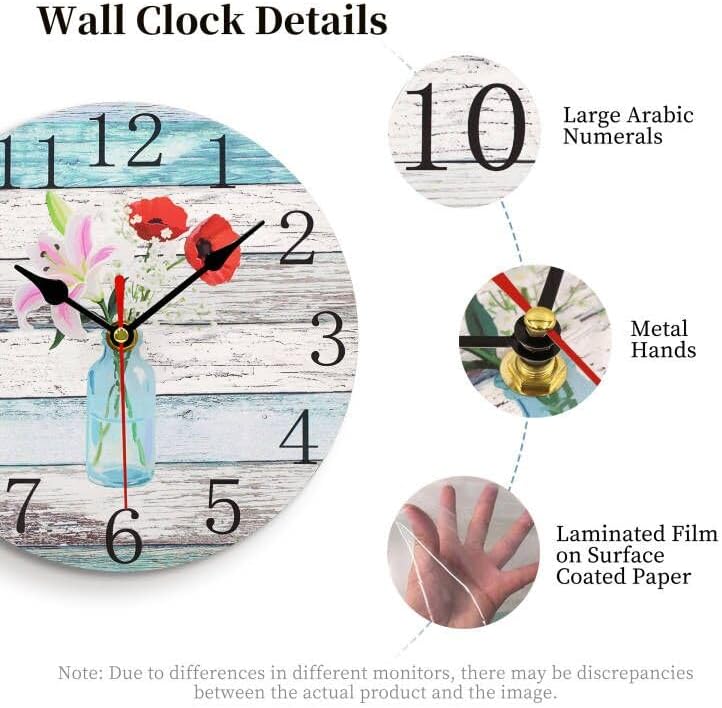 Toudorp Wall Clock Rustic Retro Beach Floral Blue Wooden Round Clocks Battery Operated Silent Non-Ticking 8 Inch Flowers in Glass Bottle Clock Decorative for Kitchen Office Bedroom - Image 4