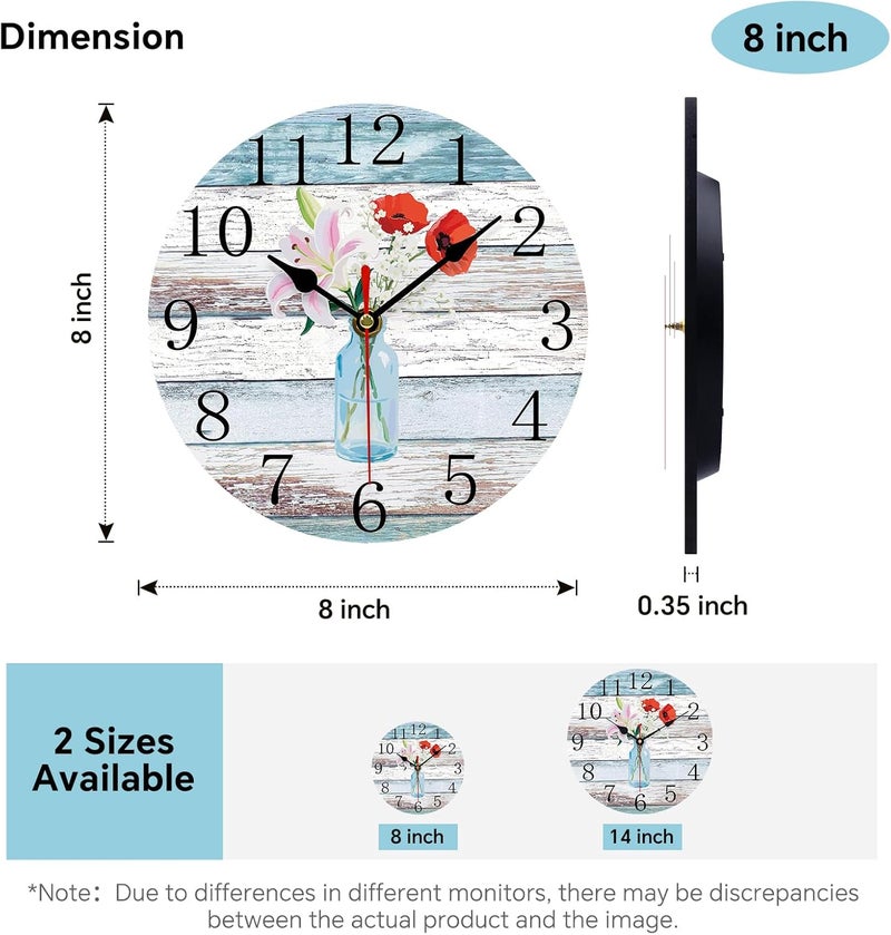 Toudorp Wall Clock Rustic Retro Beach Floral Blue Wooden Round Clocks Battery Operated Silent Non-Ticking 8 Inch Flowers in Glass Bottle Clock Decorative for Kitchen Office Bedroom - Image 3