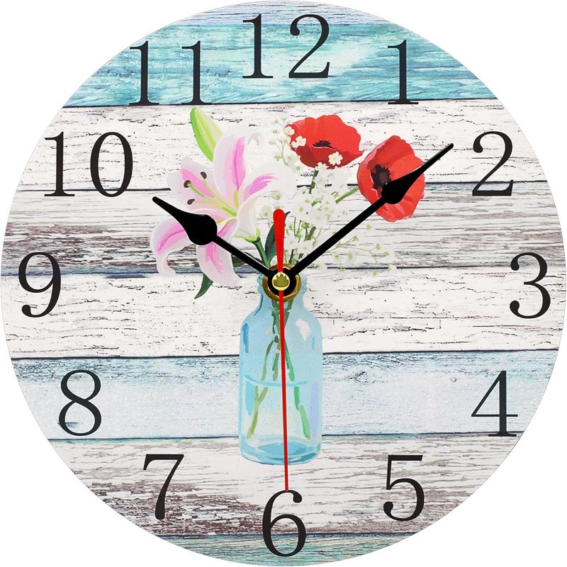 Toudorp Wall Clock Rustic Retro Beach Floral Blue Wooden Round Clocks Battery Operated Silent Non-Ticking 8 Inch Flowers in Glass Bottle Clock Decorative for Kitchen Office Bedroom - Image 1