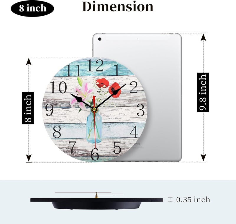 Toudorp Wall Clock Rustic Retro Beach Floral Blue Wooden Round Clocks Battery Operated Silent Non-Ticking 8 Inch Flowers in Glass Bottle Clock Decorative for Kitchen Office Bedroom - Image 2