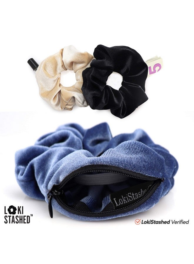 LokiStashed 3-Pack Velvet Hair Tie Scrunchies for Girls & Women, The Original Hidden Pocket Scrunchie with Zipper Pocket Storage, Accessories, Small Items, Keys, Money - Navy, Tan, Black Color - Image 3