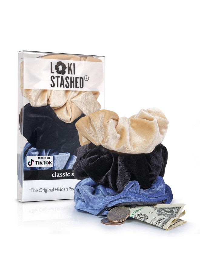 LokiStashed 3-Pack Velvet Hair Tie Scrunchies for Girls & Women, The Original Hidden Pocket Scrunchie with Zipper Pocket Storage, Accessories, Small Items, Keys, Money - Navy, Tan, Black Color - Image 1