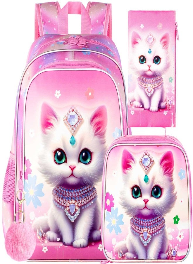 HPJGD 3PCS Girls Cat Backpack, Water Resistant Kids Bookbag Set with Lunch Boxï¼ŒCute Elementary School Bag for Preschool Toddler - Image 1