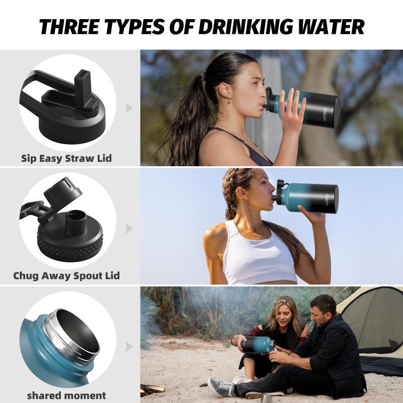 WATERSY 64oz Insulated Water Bottle (Cold for 48 Hrs),BPA Free&Leak Proof,Half Gallon Stainless Steel Water Flask,Water Jug with Straw Spout Lids for Gym,Hiking,Camping,Black Blue - Image 3