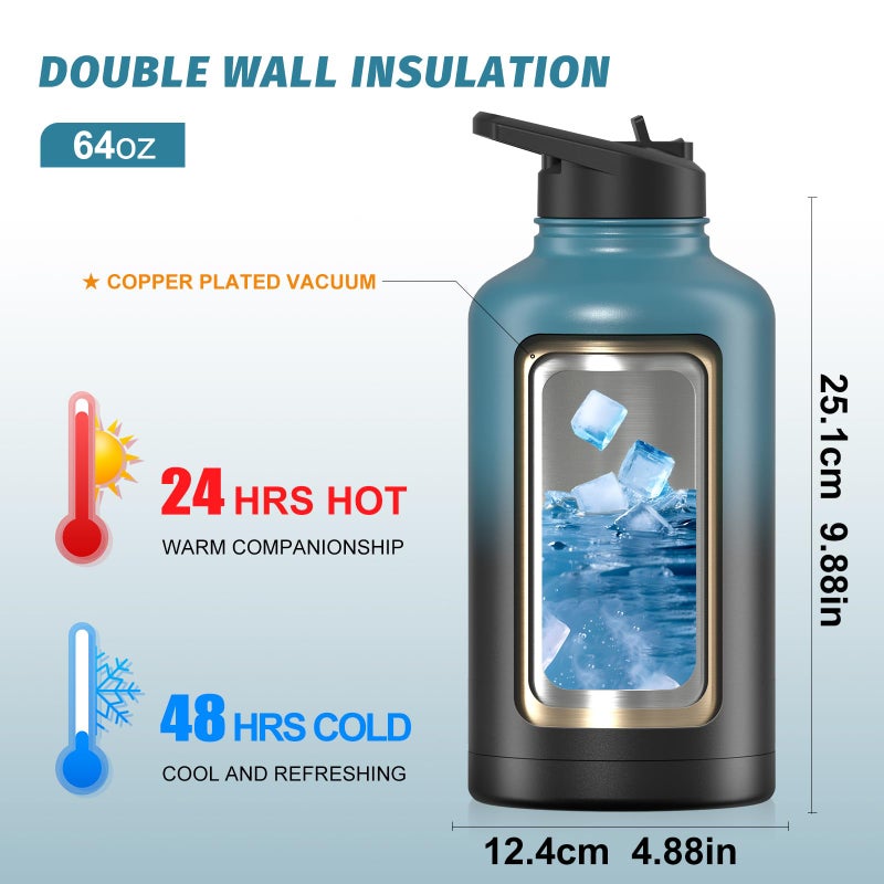 WATERSY 64oz Insulated Water Bottle (Cold for 48 Hrs),BPA Free&Leak Proof,Half Gallon Stainless Steel Water Flask,Water Jug with Straw Spout Lids for Gym,Hiking,Camping,Black Blue - Image 2