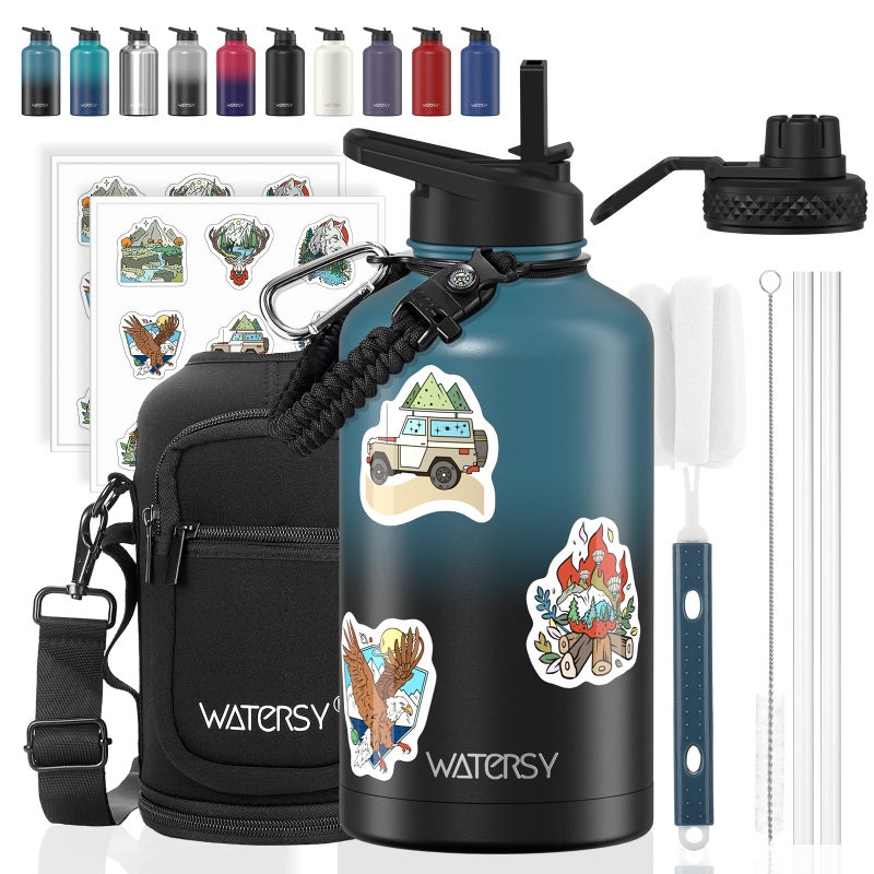 WATERSY 64oz Insulated Water Bottle (Cold for 48 Hrs),BPA Free&Leak Proof,Half Gallon Stainless Steel Water Flask,Water Jug with Straw Spout Lids for Gym,Hiking,Camping,Black Blue - Image 1