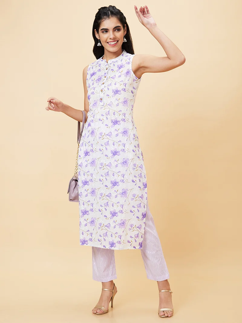 globus Women Purple Floral Printed Regular Pure Cotton Kurta With Trousers