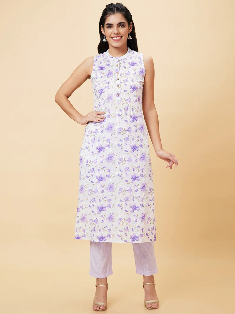 globus Women Purple Floral Printed Regular Pure Cotton Kurta With Trousers