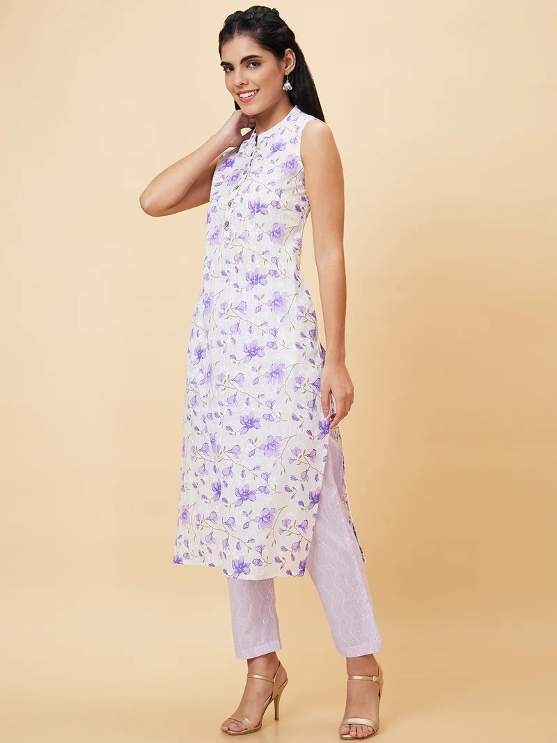 globus Women Purple Floral Printed Regular Pure Cotton Kurta With Trousers