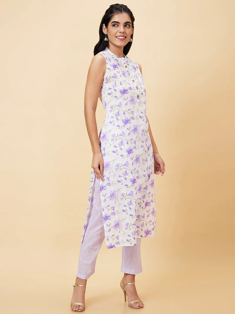 globus Women Purple Floral Printed Regular Pure Cotton Kurta With Trousers