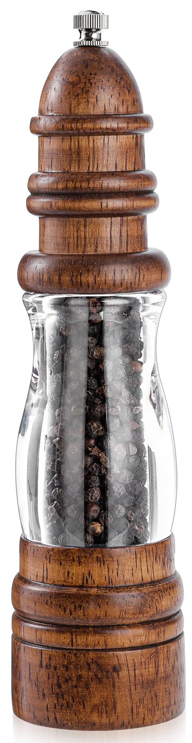Wood Pepper Grinder Mill Manual Salt and Pepper Mills refillable with Visible Window Pepper Shakers Salt Mill Adjustable Coarseness Fine to Coarse 86 Inches 1 Pack