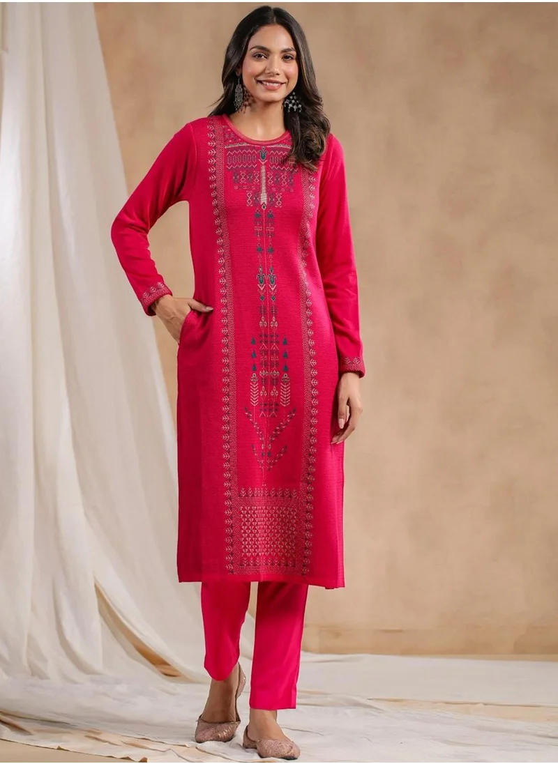 آي شين Women's Pink Polyester Blend Embellished Tunic Straight Fit Kurta