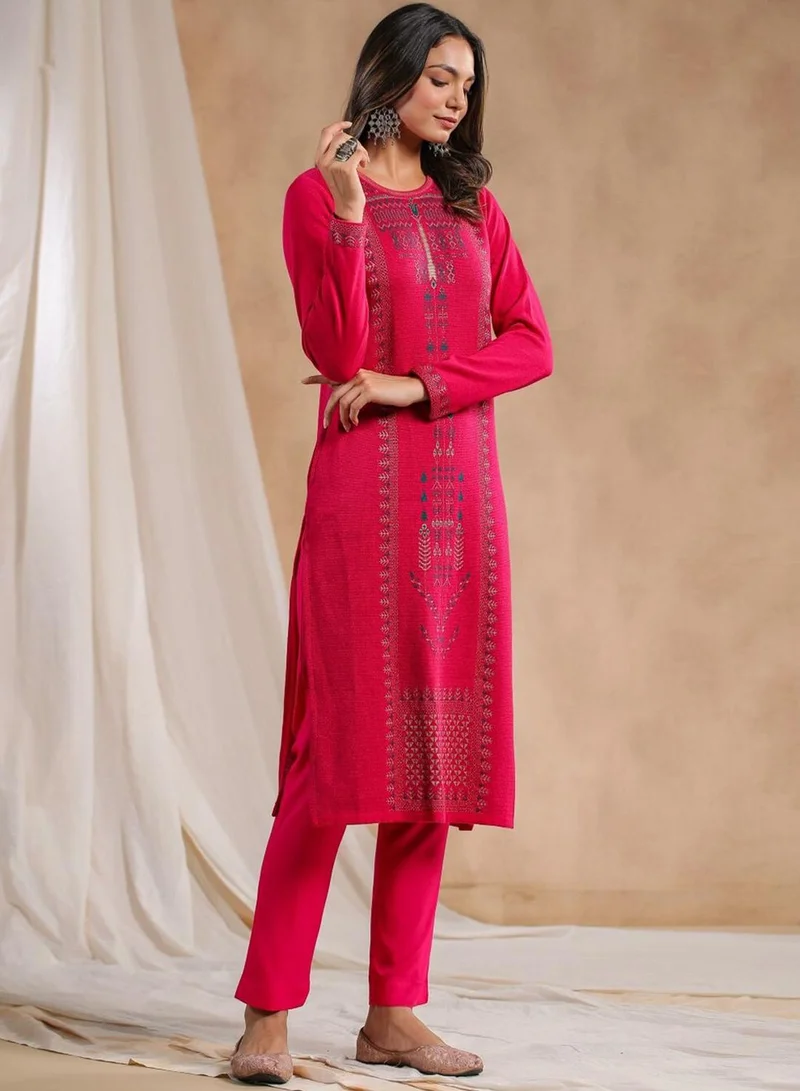 ISHIN Women's Pink Polyester Blend Embellished Tunic Straight Fit Kurta