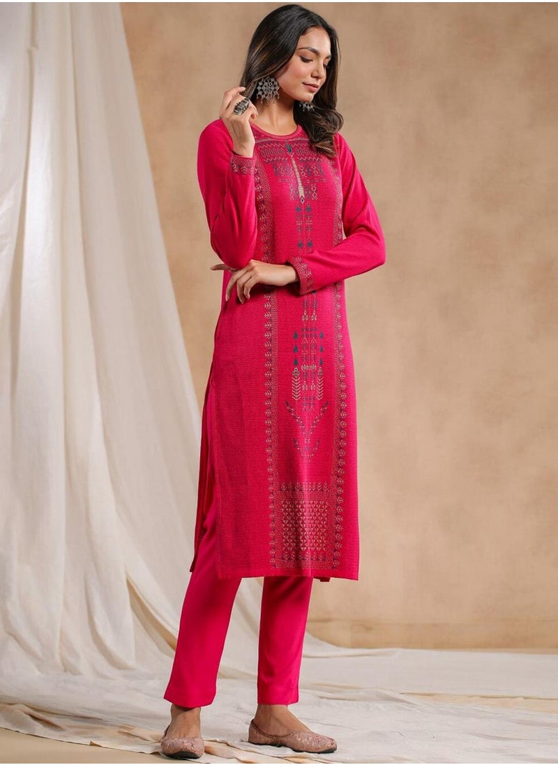ISHIN Women's Pink Polyester Blend Embellished Tunic Straight Fit Kurta  - Image 3