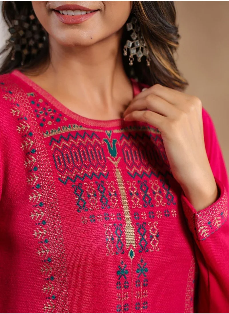 آي شين Women's Pink Polyester Blend Embellished Tunic Straight Fit Kurta