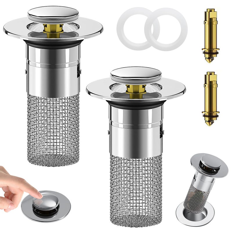 2Pcs Bathroom Sink Stopper Hair CatcherPop Up Sink Drain Filter with Removable Stainless Steel Filter Basket Hair Catcher for US 11129 Drain Bathroom Sink Stopper Replacement