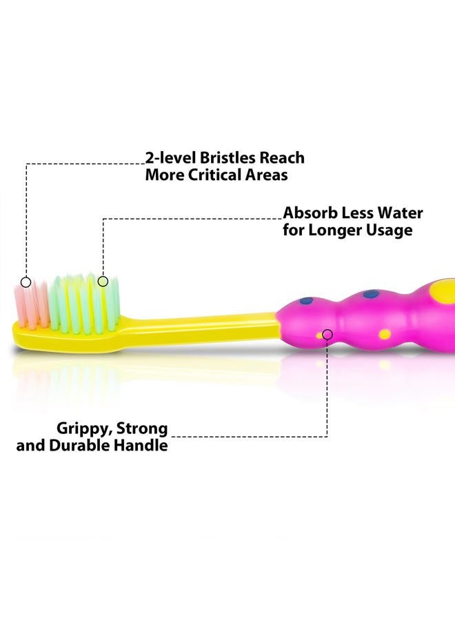 B Rush Soft Kids Toothbrushes 4 Pack, Flossing Bristles Child Sized Heads (3-10 Year Old), Suction Cup for Fun & Easy Storage, Girl & Boy Set, Plaque Remover es Individually Wrapped - Image 2