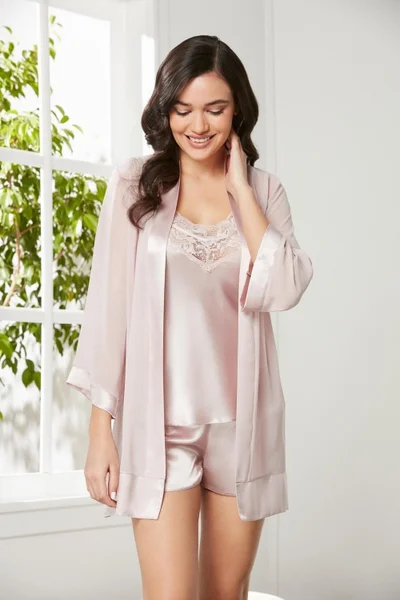 pierre cardin 3-Piece Satin Lace Shorts and Chiffon Lace Dressing Gown Set 2475