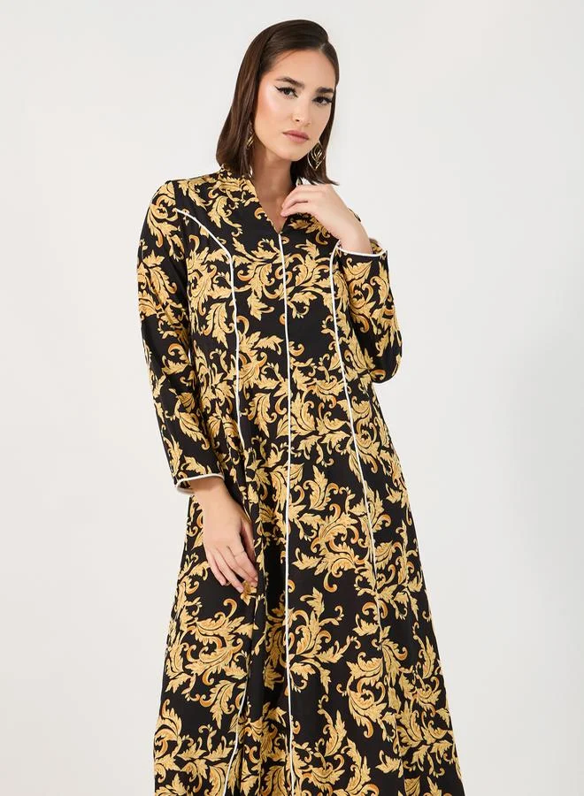 Styli Ornate Print Jalabiya with Piping Detail