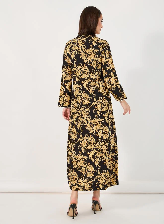 Styli Ornate Print Jalabiya with Piping Detail
