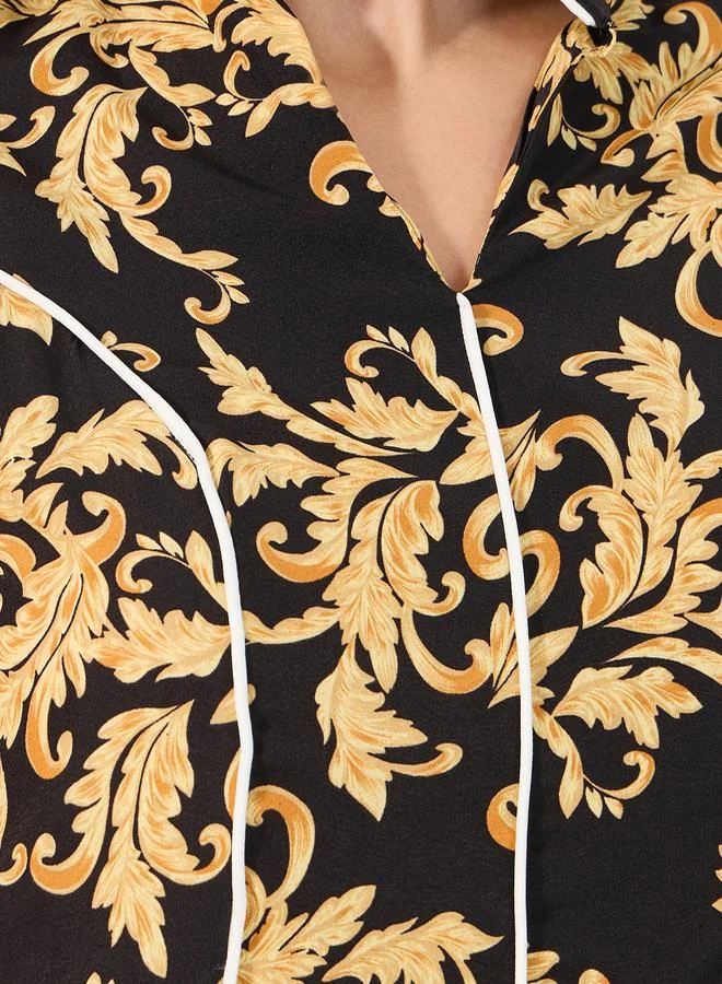 Styli Ornate Print Jalabiya with Piping Detail