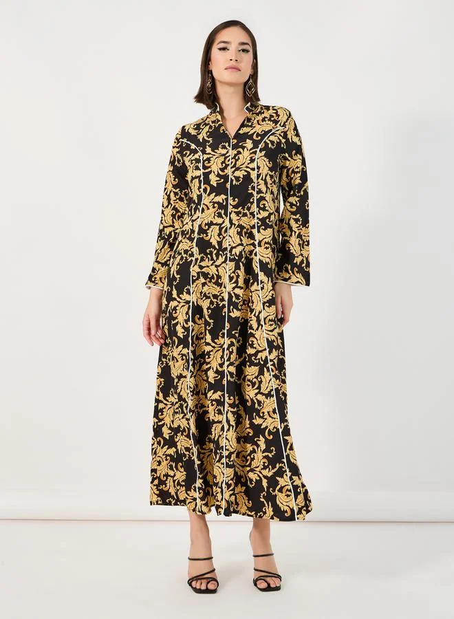 Styli Ornate Print Jalabiya with Piping Detail