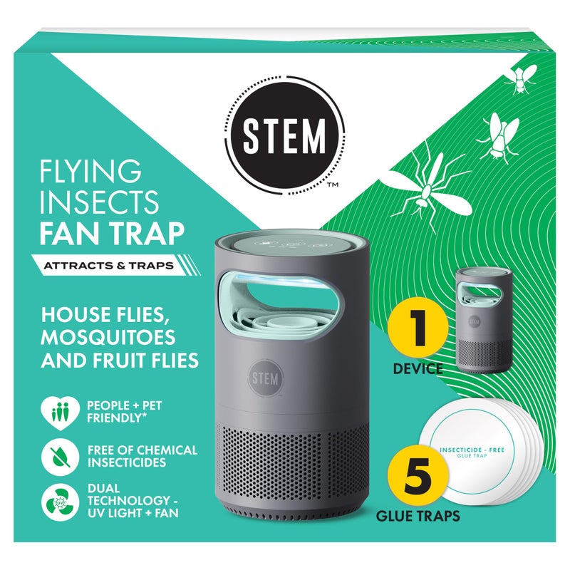 STEM Flying Insect Fan Trap for Indoor Bug Control, Attracts Mosquitoes, Fruit Flies, and House Flies, Plug-in Fan with UV Light, Starter Kit Includes 1 Device and 5 Glue Traps - Image 1
