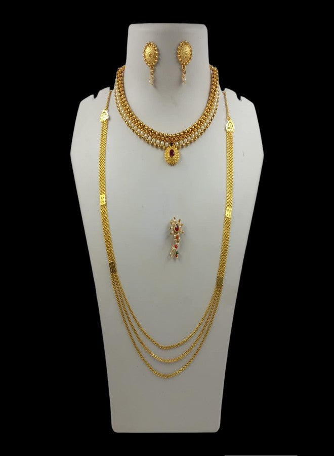 طقم سواروب الذهبي المطلي بثلاث طبقات، سلسلة رانيهار ماراثي ثوشي، أقراط ناثني للنساء - Image 3