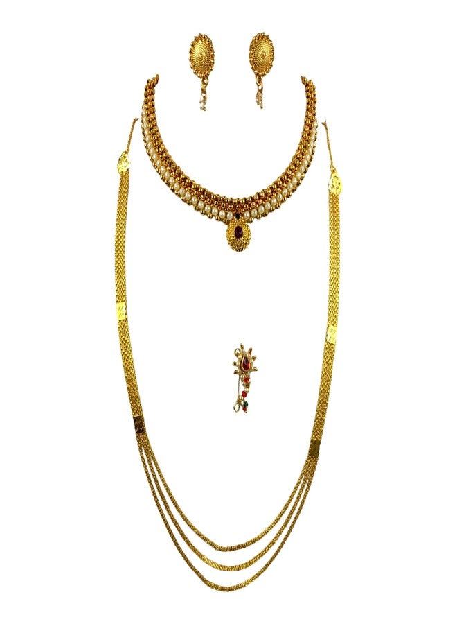 طقم سواروب الذهبي المطلي بثلاث طبقات، سلسلة رانيهار ماراثي ثوشي، أقراط ناثني للنساء - Image 1